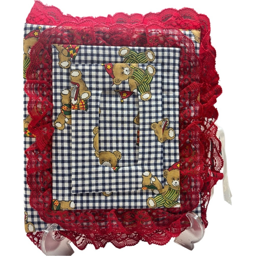Vtg Gingham Teddy Bear Blue Red Hand Made Fabric Lace Photo Keepsake Album 48 Pg
